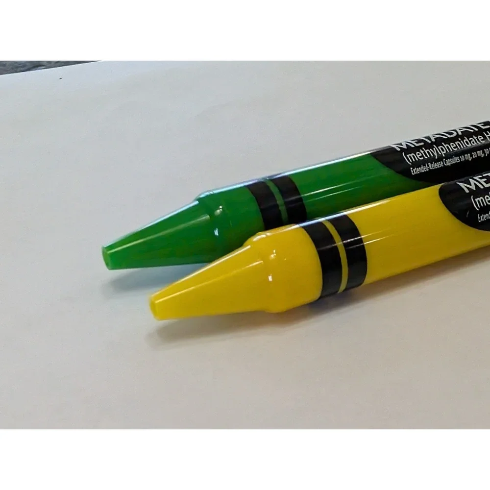RARE Metadate CD CII Pharmaceutical Drug Rep Pen ADHD Green Yellow Crayon Click